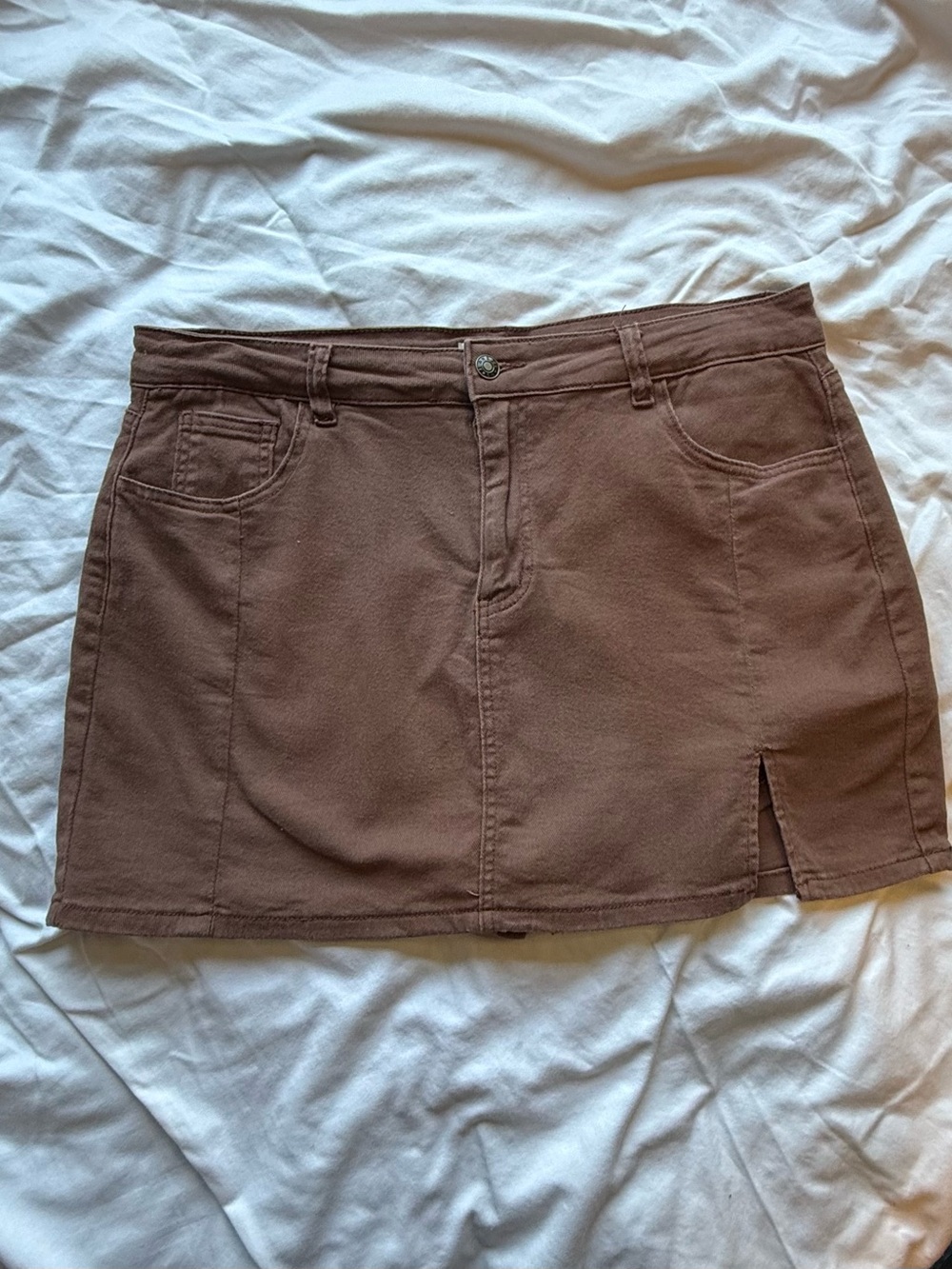 luvamia Brown Stretch Denim Skort with Front Slit - Size XL